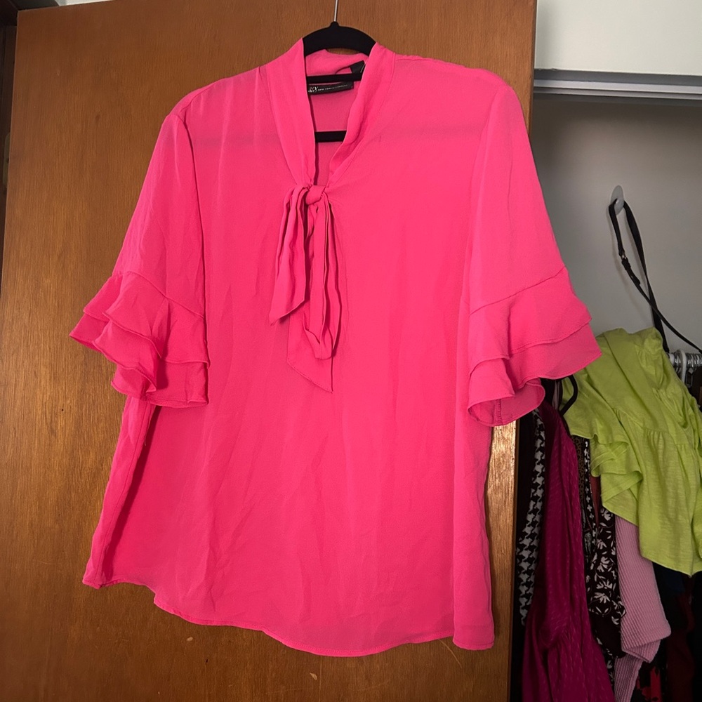 New York & Company Hot Pink Tie-Neck Ruffle Sleeve Blouse